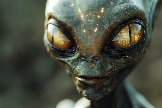This highly detailed close-up showcases the complex texture and glowing features of an enigmatic alien being’s face