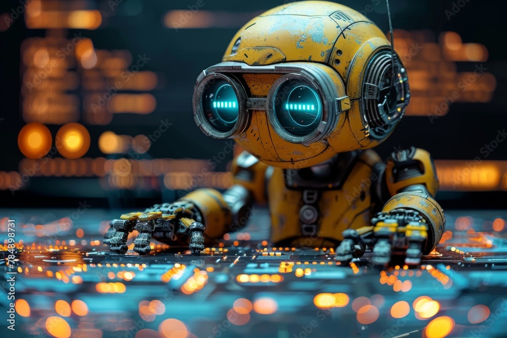 Poster an intricately designed yellow robot with a tech interface backdrop, hinting at ai concepts
