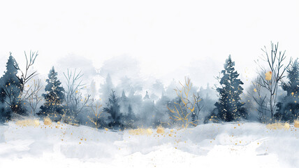 Obraz na płótnie Canvas A watercolor painting of a winter forest with snow-covered trees and gold accents.