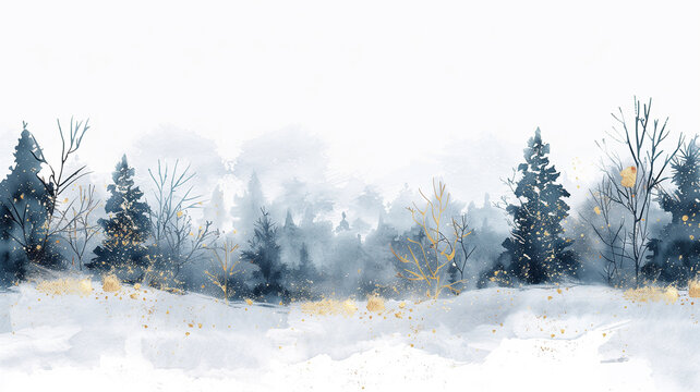 A watercolor painting of a winter forest with snow-covered trees and gold accents.