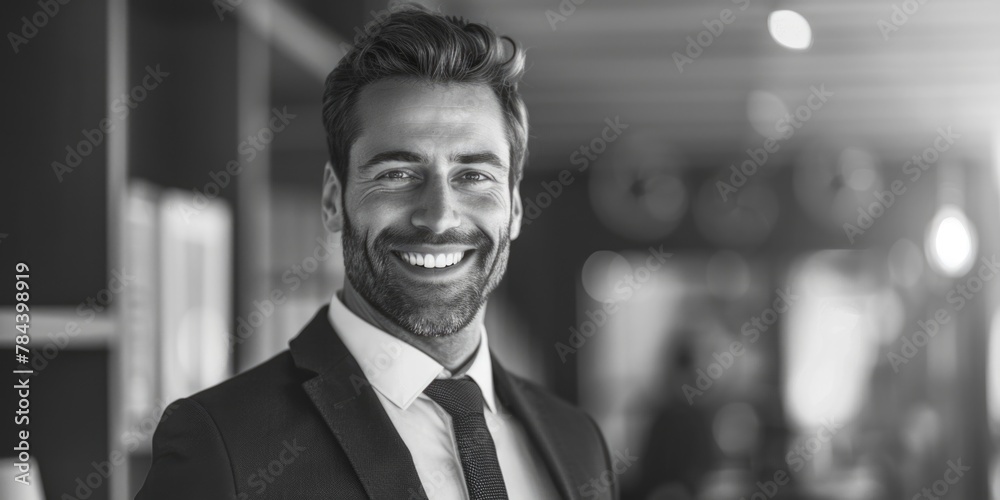 Poster a man in a suit and tie smiling at the camera, suitable for business concepts