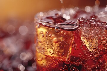 A close-up image emphasizing the beauty of a carbonated drink's bubbles in golden ambient lighting