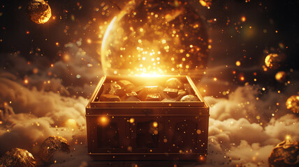 Golden treasure chest with a glowing light inside and gold coins floating around it. - obrazy, fototapety, plakaty