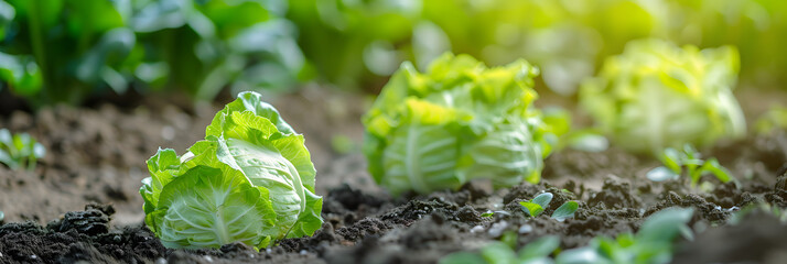 Fresh Lettuce and Kohlrabi on Sunny Garden Patch for Organic Kitchen Gardening. - obrazy, fototapety, plakaty