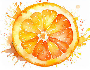 Vivid watercolor of a sliced orange, highlighting its freshness and juiciness with dynamic splashes - 784399175