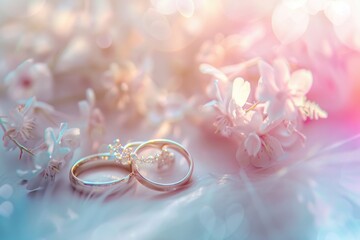 Wedding rings displayed on a bed of flowers. Perfect for wedding invitations - obrazy, fototapety, plakaty
