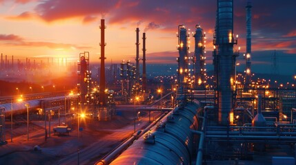 Fototapeta na wymiar Industrial oil refinery at sunset with a passing train. Suitable for energy and transportation concepts