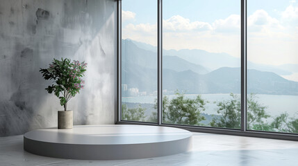 white podium in front of a large window room with mountain and sea view for product display