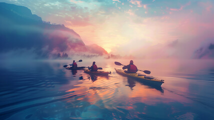 Three people kayaking on a lake at sunset.