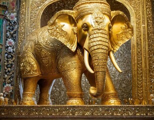 a golden statue of an elephant, exuding regal elegance and grandeur - obrazy, fototapety, plakaty