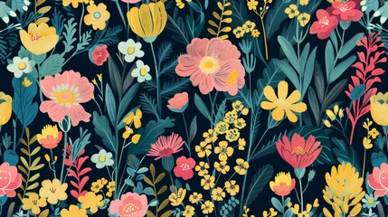 Cartoon of Vintage Florals Seamless picture - obrazy, fototapety, plakaty