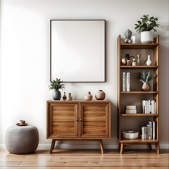 Wooden cabinet in front of white wall with blank white mockup canvas
