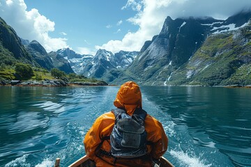 An adventure-seeker in a vibrant orange jacket sits peacefully in a wooden rowboat, taking in the splendor of snow-capped peaks and clear azure waters