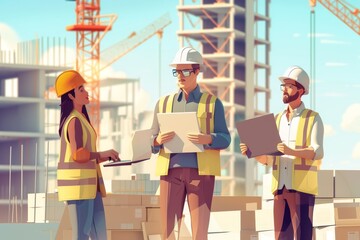 Diverse team of specialists with computer on construction site. Building project with engineers, Generative AI 