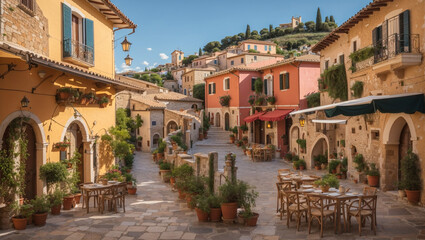 A narrow street with a few restaurants and shops on either side and a hill in the background

 - obrazy, fototapety, plakaty