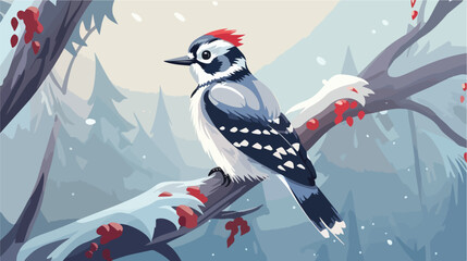 Naklejka premium Downy Woodpecker on winter vine blurred winter background