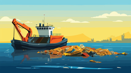 Dredger scooping out a coastal channel .. 2d flat cartoon