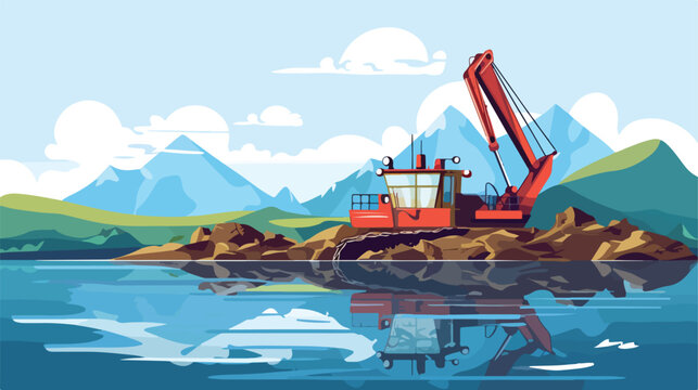 Dredger scooping out a coastal channel .. 2d flat cartoon