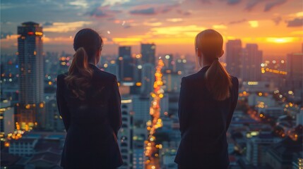 Romantic couple walking in city at sunset and night, with cityscape and sunset silhouette, depicting love, romance, and urban lifestyle - obrazy, fototapety, plakaty