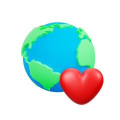 Cute 3d cartoon planet Earth with red heart. Concept of love for living, care for environment. Element for ecological messages. Environment Day or Earth Day concept. Vector illustration of 3d render.