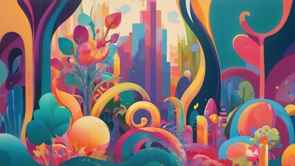 Fantasy urban garden overtaking a city in the background. For print, design, and fabric. - obrazy, fototapety, plakaty