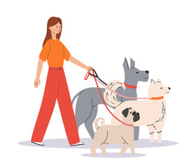 Young woman walking with cute dogs. Happy pet owner with mastiff, samoyed, pug. Dog trainer or dog walker. Side view. Flat Vector illustration isolated on white background