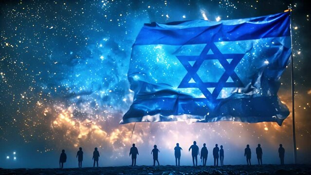Israel flag on fire. Burning national flag. National symbol of state of Israel. Patriotic banner with star of David and blue stripes. Concept of problems and trouble for Israel. Burning flag of Jewish