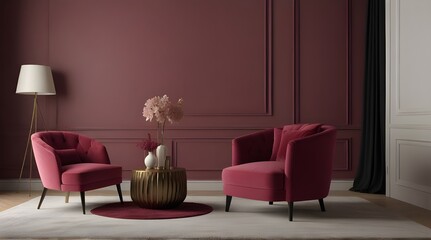 2023 viva magenta trend living room color. A vibrant couch accent. Background of plaster microcement.geneative.ai