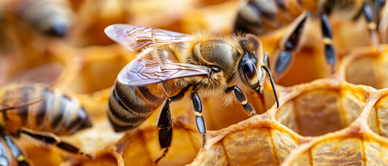 Honey bees busy at work, pollinating and creating honey on a vibrant honeycomb, displaying teamwork and biodiversity.