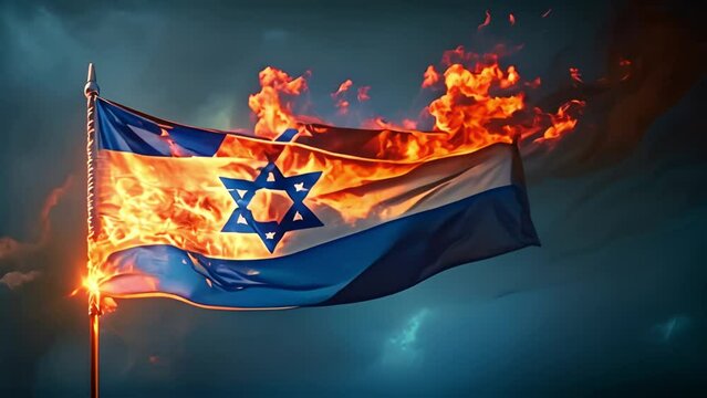 Israel flag on fire. Burning national flag. National symbol of state of Israel. Patriotic banner with star of David and blue stripes. Concept of problems and trouble for Israel. Burning flag of Jewish