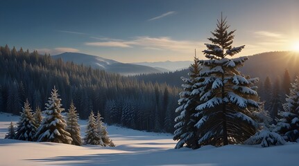 Winter landscape of mountains with path with footprints in snow following in fir forest and glade..generative.ai