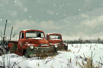 廃棄された古いトラックのある冬の風景