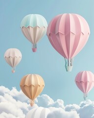 3D paper art of pastel colored hot air balloons flying above the sky, in simple geometric shapes in the style of pastel colored hot air balloons flying above the sky, in simple geometric shapes