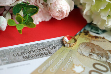 Obraz premium Canadian Certificate of registration of marriage blank document and wedding ring with canadian dollars close up