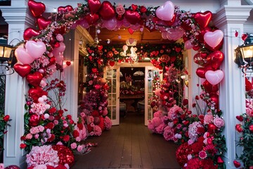 Fototapeta premium A doorway covered in vibrant pink and red flowers adds a pop of color and charm to the entrance