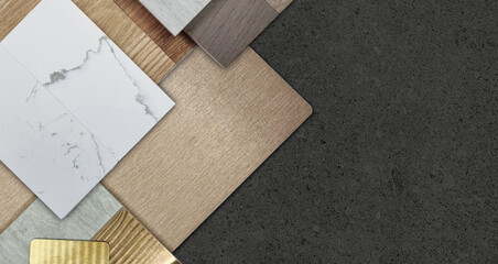 group of interior material samples including brushed gold stainless, bronze laminated, stone tile, wooden flooring tile, white marble quartz, veneer placed on black stone table in top view.