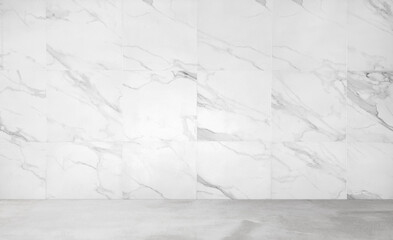 background for photo studio with grey cement floor and white marble wall tile. empty marble wall room studio background and concrete floor perspective, well editing montage for product displayed.