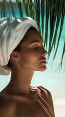 Elegant Woman Smiling with Closed Eyes under Palm Leaves, White Towel Wrapped around Head