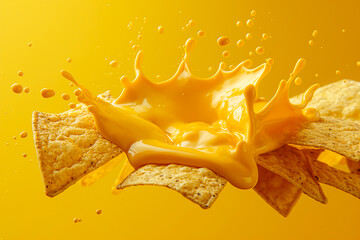 nice snack with tortillas or nachos with a spicy cheese sauce, isolated, splashing and dripping dip, flying and floating in the air