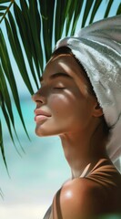 Elegant Woman Smiling with Closed Eyes under Palm Leaves, White Towel Wrapped around Head