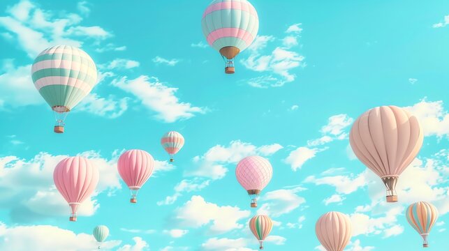 3d render cute pastel color hot air balloons pattern on sky background