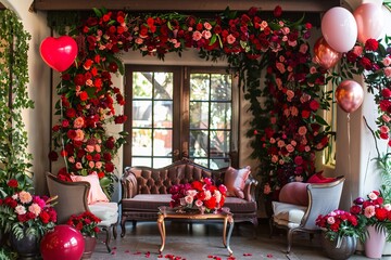 A living room filled with colorful flowers and balloons, creating a festive and cheerful atmosphere