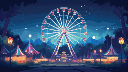 Ferris wheel at night .. 2d flat cartoon vactor illustration - obrazy, fototapety, plakaty