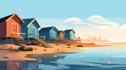 Fishing huts on the beach .. 2d flat cartoon vactor - obrazy, fototapety, plakaty