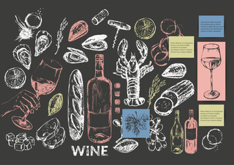 ector wine illustration. Wine bottle, glass, wine stains, cork, corkscrew, cheese, seafood, bread, hand holding glass. - obrazy, fototapety, plakaty
