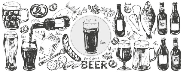 Vector beer illustration set. Beer bottles, glass, mug, snacks, hand holding beer bottle