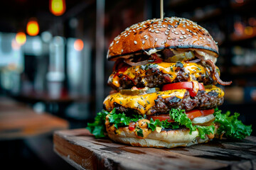 The juicy burger lies. on a wooden board. Fast food. Big juicy burger.