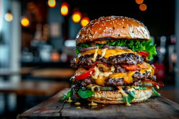The juicy burger lies. on a wooden board. Fast food. Big juicy burger.