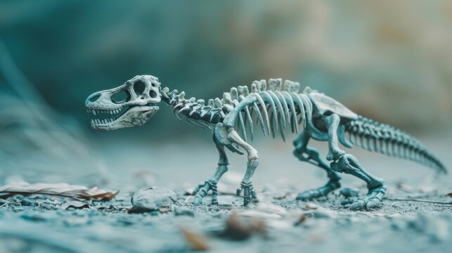 Dinosaur skeleton on the ground in the forest. Selective focus