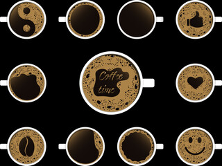 Top view of coffee cups set with different foams of shape in the creative  symbols. Fresh espresso icon. Vector illustration isolated on black background